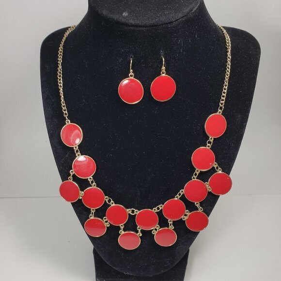 Stylish Gold-tone Red Flat Round Discs Necklace & Matching Earrings Set Women's - Picture 4 of 8